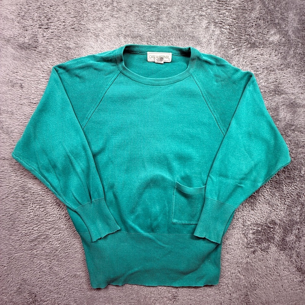 Vintage 80s 90s Casual Corner Cotton Sweater Womens M Teal Raglan Pocket Knit